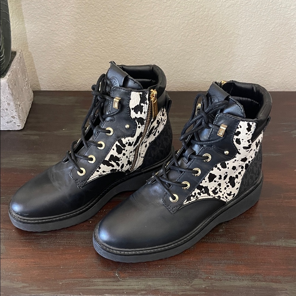 Michael Kors Black and White calf hair Combat Boots Size 7.5